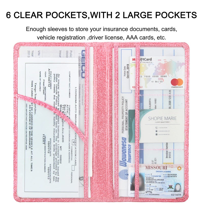 Bodskad Car Registration and Insurance Holder  Premium Leather Insurance and Registration Holder vehicle Glove Box Car Organizer  with Magnetic Shut for Cards  Driver License (Glitter Pink) - Image 4